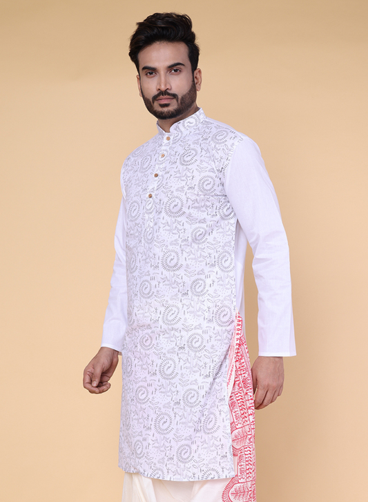 Men’s White Printed Cotton Kurta