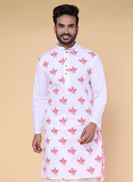 Men’s White Cotton Kurta with Red Durga Motif Print