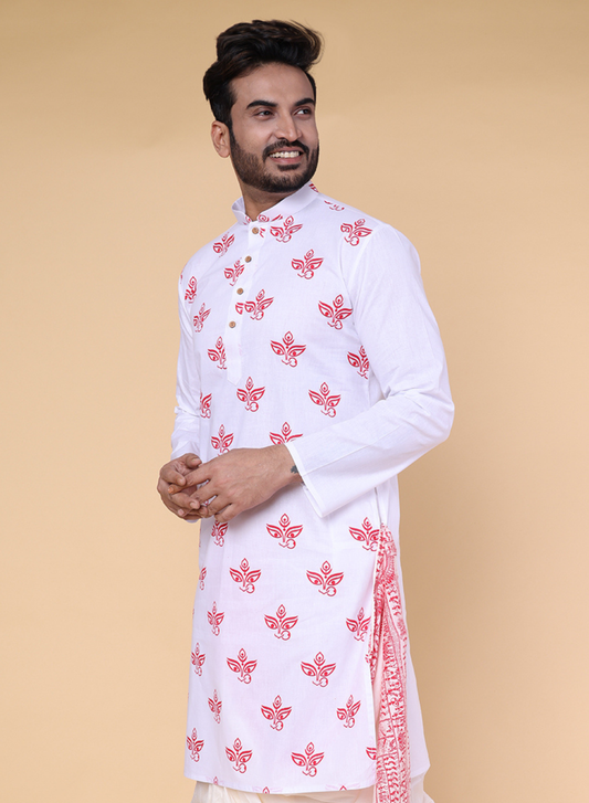 Men’s White Cotton Kurta with Red Durga Motif Print