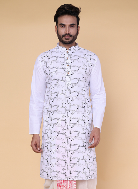 Men’s White Cotton Kurta with Leaf Print