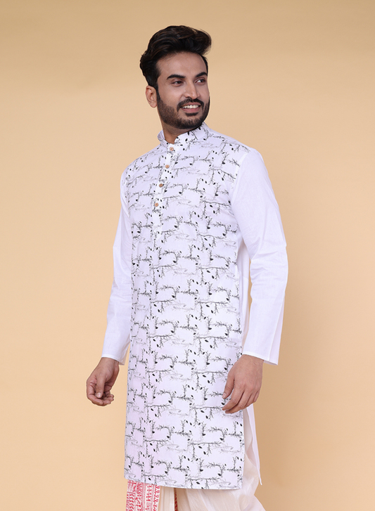 Men’s White Cotton Kurta with Leaf Print