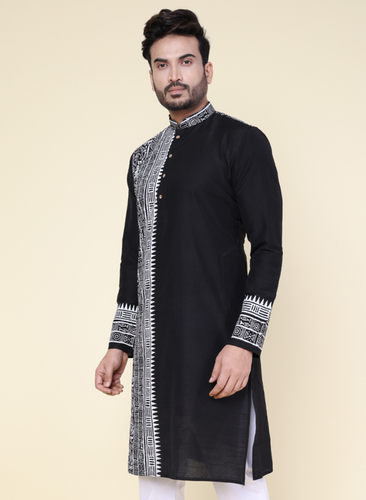 Men’s Black & White Ethnic Printed Cotton Kurta