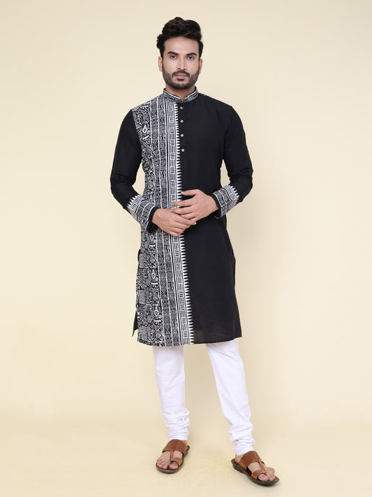 Men’s Black Heritage Cotton Kurta with White Hand Block Print and Pajama