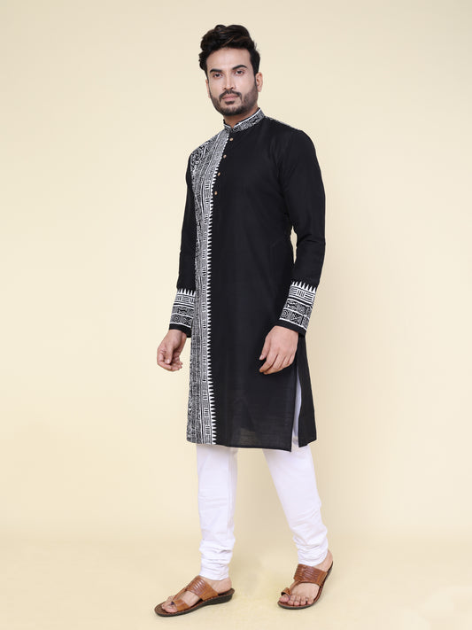 Men’s Black Heritage Cotton Kurta with White Hand Block Print and Pajama