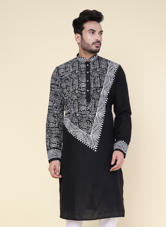 Men’s Black Tribal Print V-Pattern Cotton Kurta