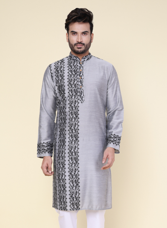 Men's Grey Artisan Hand Block Cotton Kurta