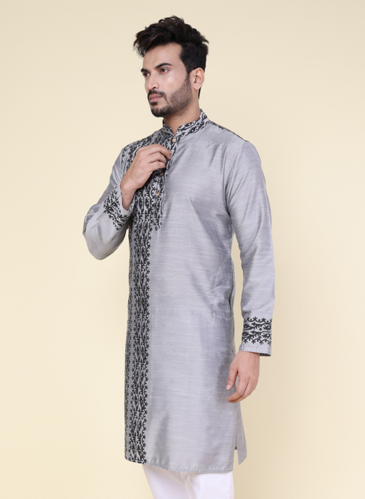 Men's Grey Artisan Hand Block Cotton Kurta