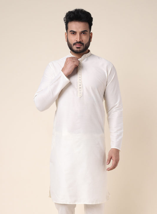 Men’s Cream Silk Kurta with Embroidered Detailing