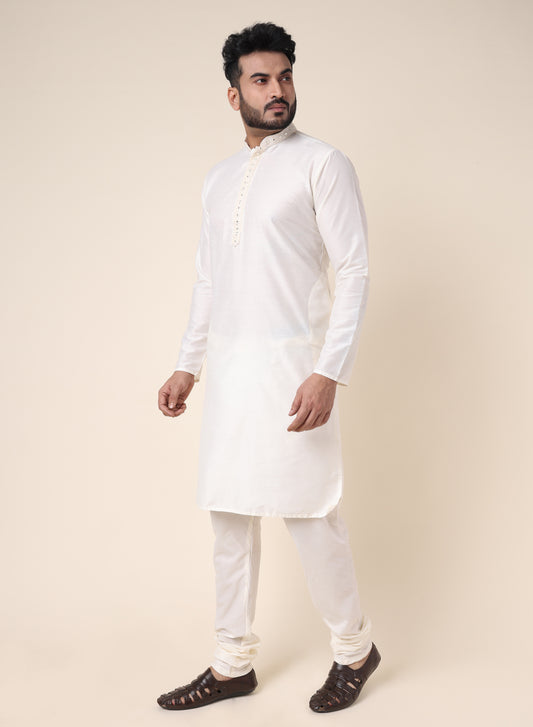 Men’s Cream Mirror Work Silk Kurta with Pajama
