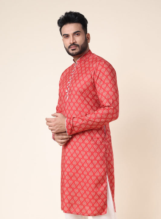Men’s Red Silk Blend Kurta Motifs with Pajama