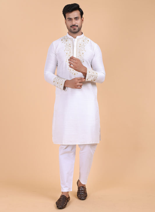 Men’s White Silk Kurta Pajama Set with Golden Embroidery