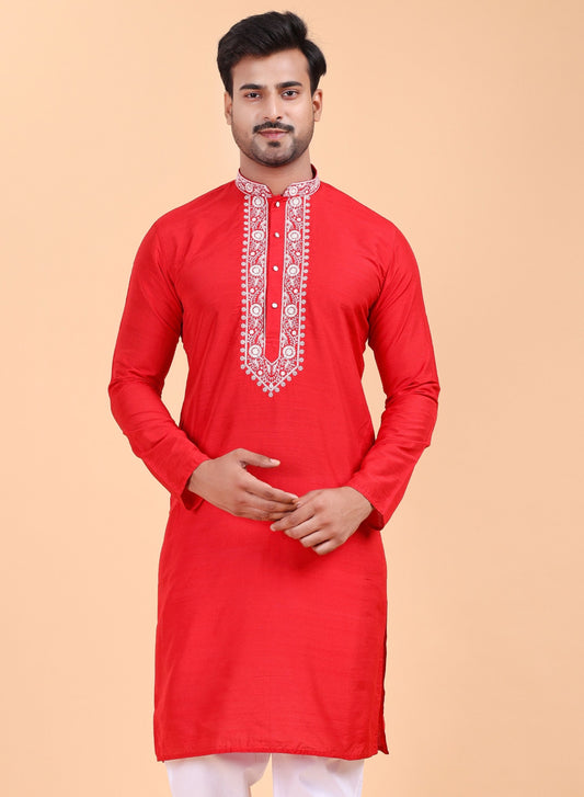 Men’s Red Embroidered Cotton Kurta