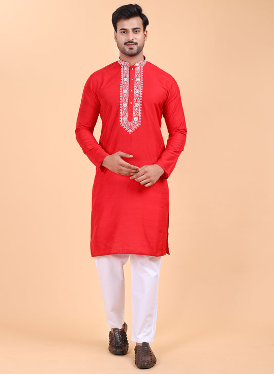 Men’s Red Silk Kurta and White Pajama Set with Red Embroidery