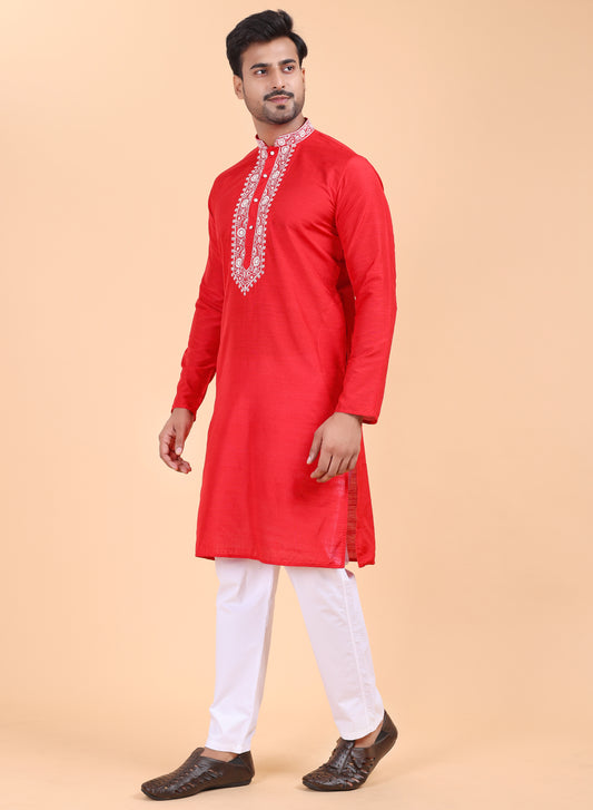 Men’s Red Silk Kurta and White Pajama Set with Red Embroidery