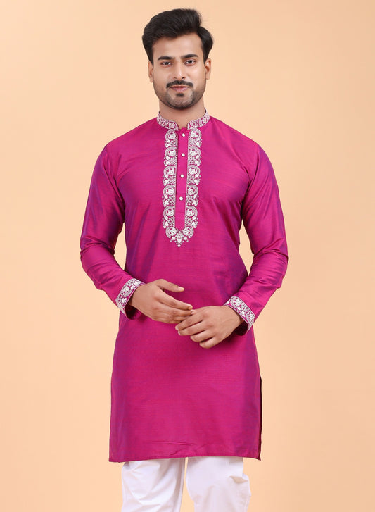 Men’s Pink Embroidered Cotton Kurta