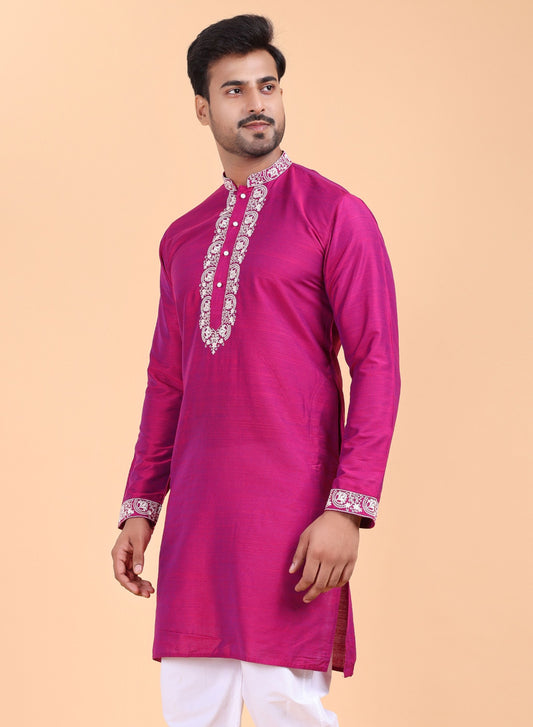 Men’s Pink Embroidered Cotton Kurta