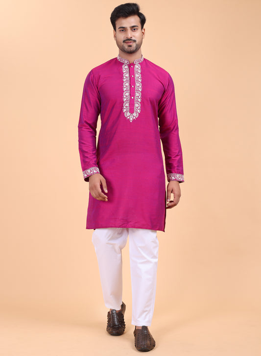 Men’s Fawn Silk Kurta and White Pajama Set with Detailing