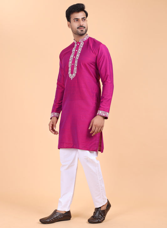 Men’s Fawn Silk Kurta and White Pajama Set with Detailing
