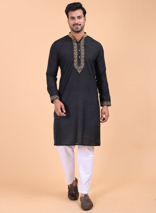 Men’s Black Silk Kurta and White Pajama Set with Golden Embroidery