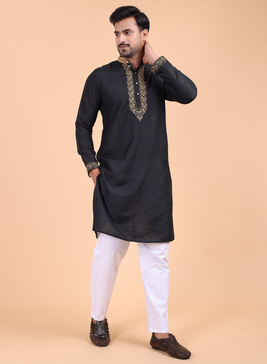 Men’s Black Silk Kurta and White Pajama Set with Golden Embroidery