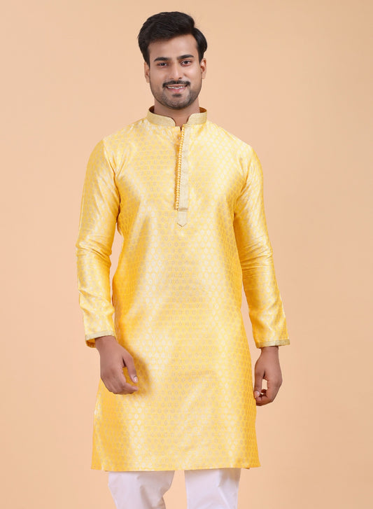 Men’s Yellow Cotton Brocade Kurta
