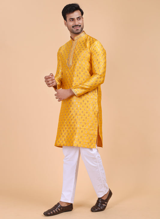 Men’s Yellow Silk Kurta and White Pajama Set with Golden Detailing