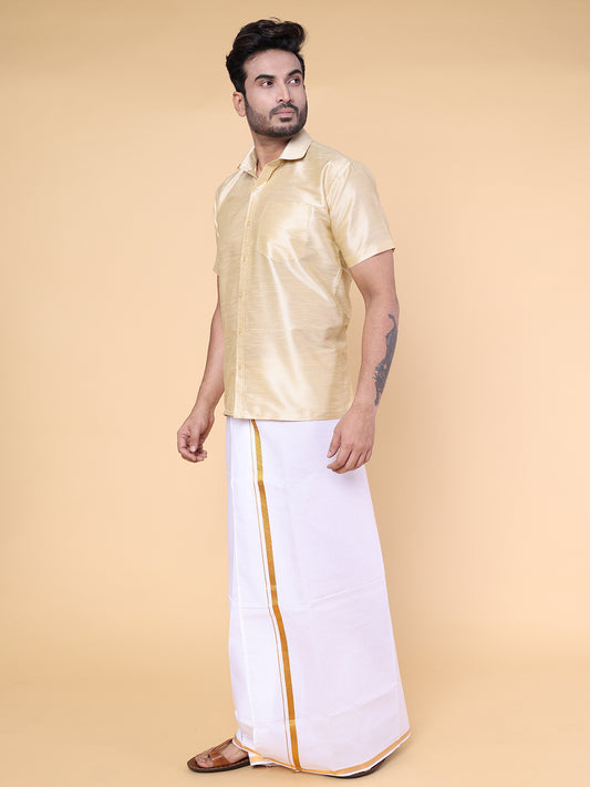 Men’s Gold Silk Shirt with White Mundu