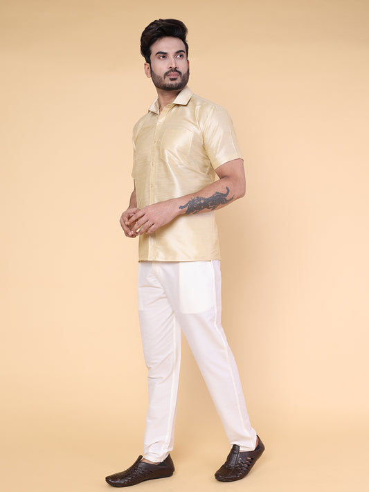 Men’s Gold Silk Shirt & Cream Pant Set