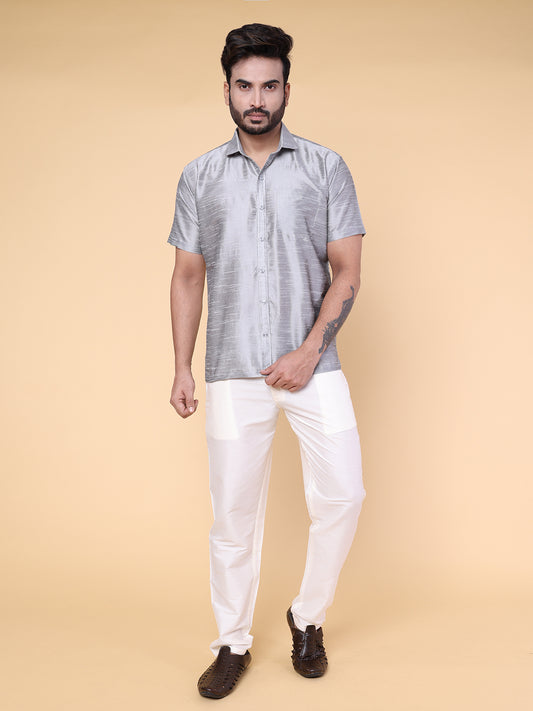Men’s Grey Silk Shirt & Cream Pant Set