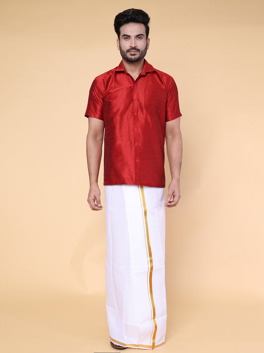 Men’s Maroon Silk Shirt with White Mundu