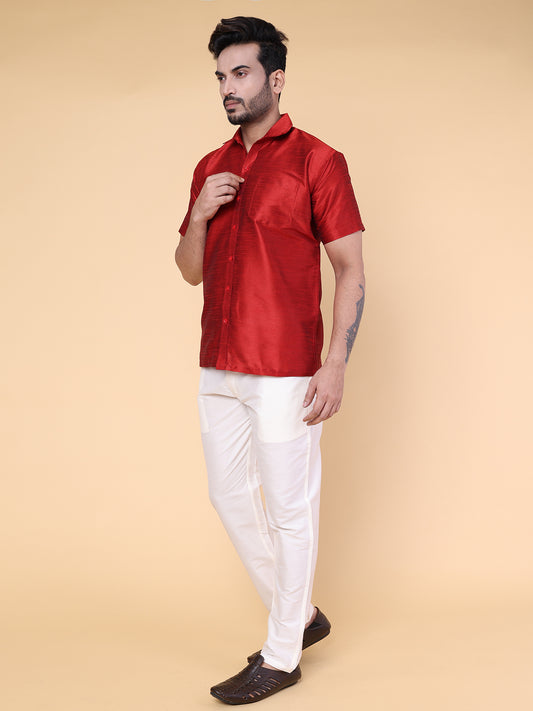 Men’s Maroon Silk Shirt & Cream Pant Set