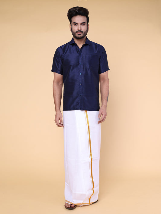 Men’s Navy Blue Silk Shirt with White Mundu