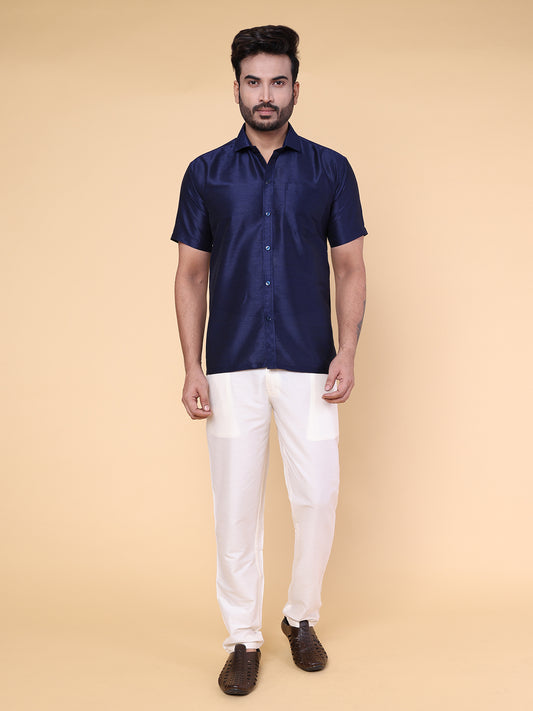 Men’s Navy Blue Silk Shirt & Cream Pant Set