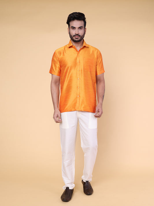 Men’s Orange Silk Shirt & Cream Pant Set