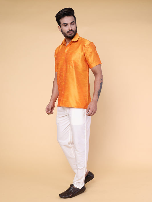 Men’s Orange Silk Shirt & Cream Pant Set