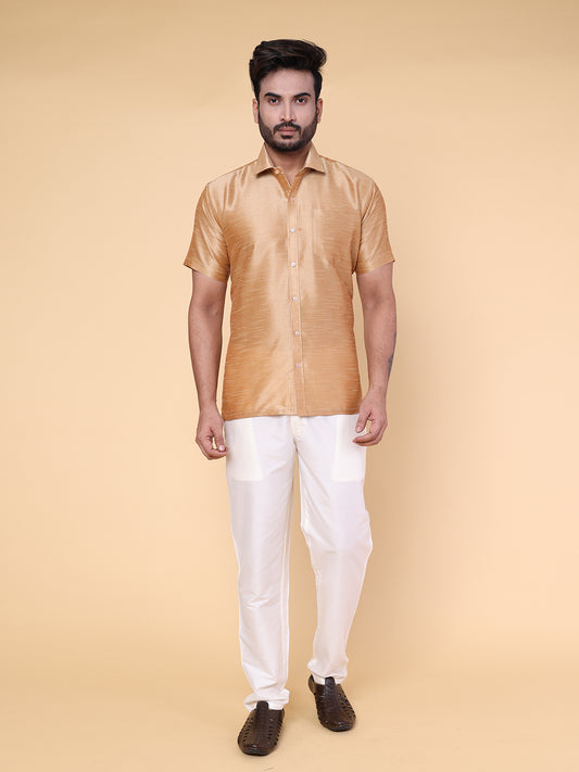 Men’s Rose Gold Silk Shirt & Cream Pant Set
