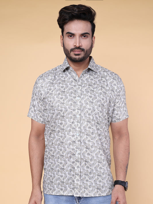 Men’s Grey Printed Silk Blend Shirt