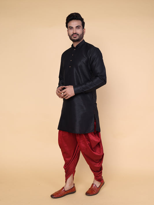 Men's Black Silk Blend Kurta with Maroon Dhoti Set