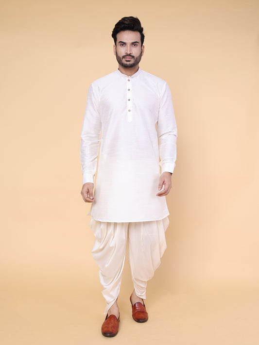 Men's Cream Silk Blend Kurta with Dhoti Set