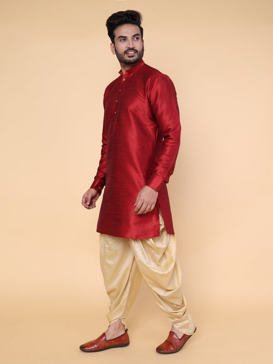 Men's Maroon Silk Blend Kurta with Gold Dhoti Set