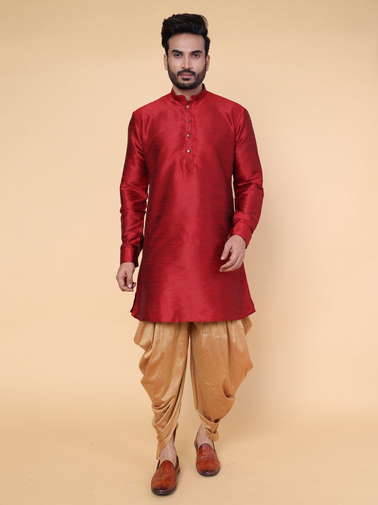 Men's Maroon Silk Blend Kurta with Rose Gold Dhoti Set