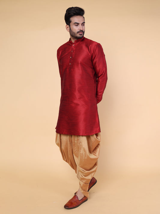 Men's Maroon Silk Blend Kurta with Rose Gold Dhoti Set