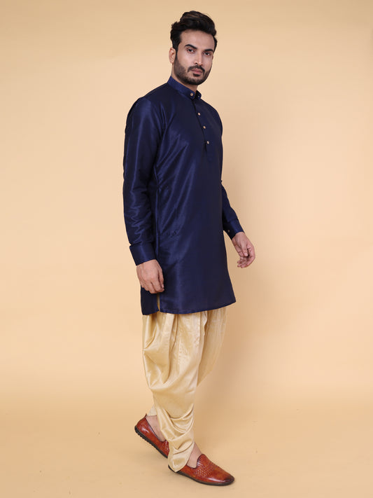 Men's Navy Blue Silk Blend Kurta with Gold Dhoti Set