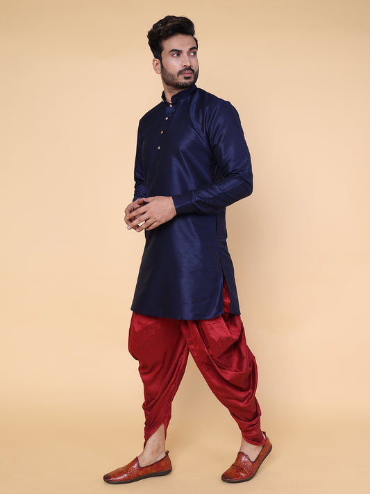 Men's Navy Blue Silk Blend Kurta with Maroon Dhoti Set