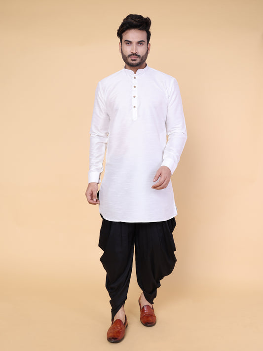 Men's White Silk Blend Kurta with Black Dhoti Set