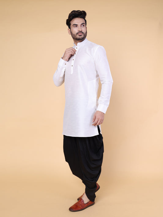 Men's White Silk Blend Kurta with Black Dhoti Set