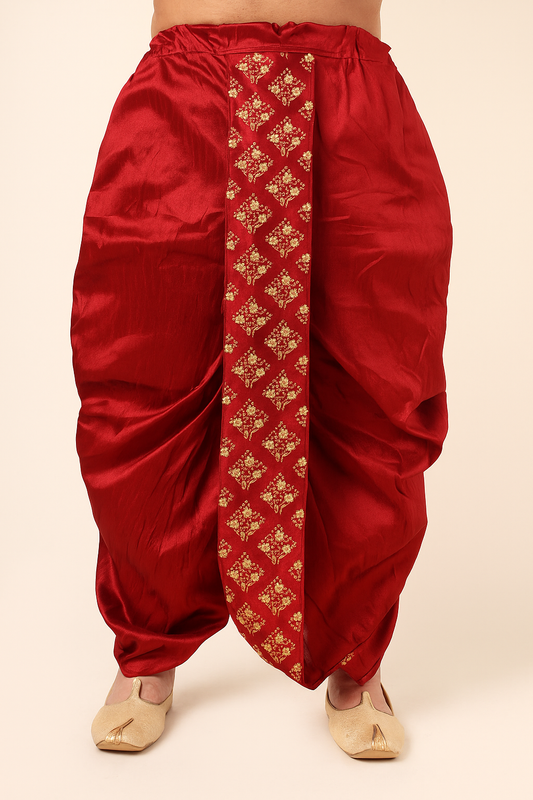 Men's Maroon Silk Blend Ready-to-Wear Dhoti with Golden Embroidered Border (Plus Size)
