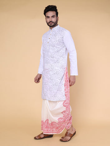 Men’s White Motifs Kurta with Red Printed Dhoti