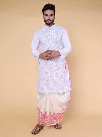 Men’s White Motifs Kurta with Red Printed Dhoti