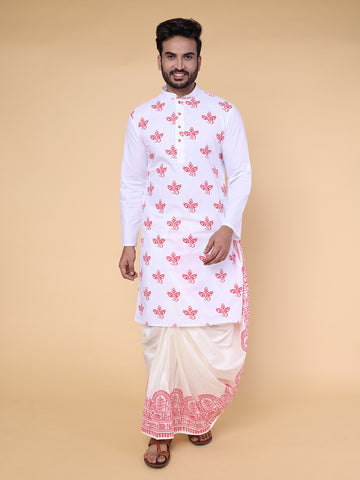 Men’s White Printed Kurta with Red Heritage Motif Dhoti